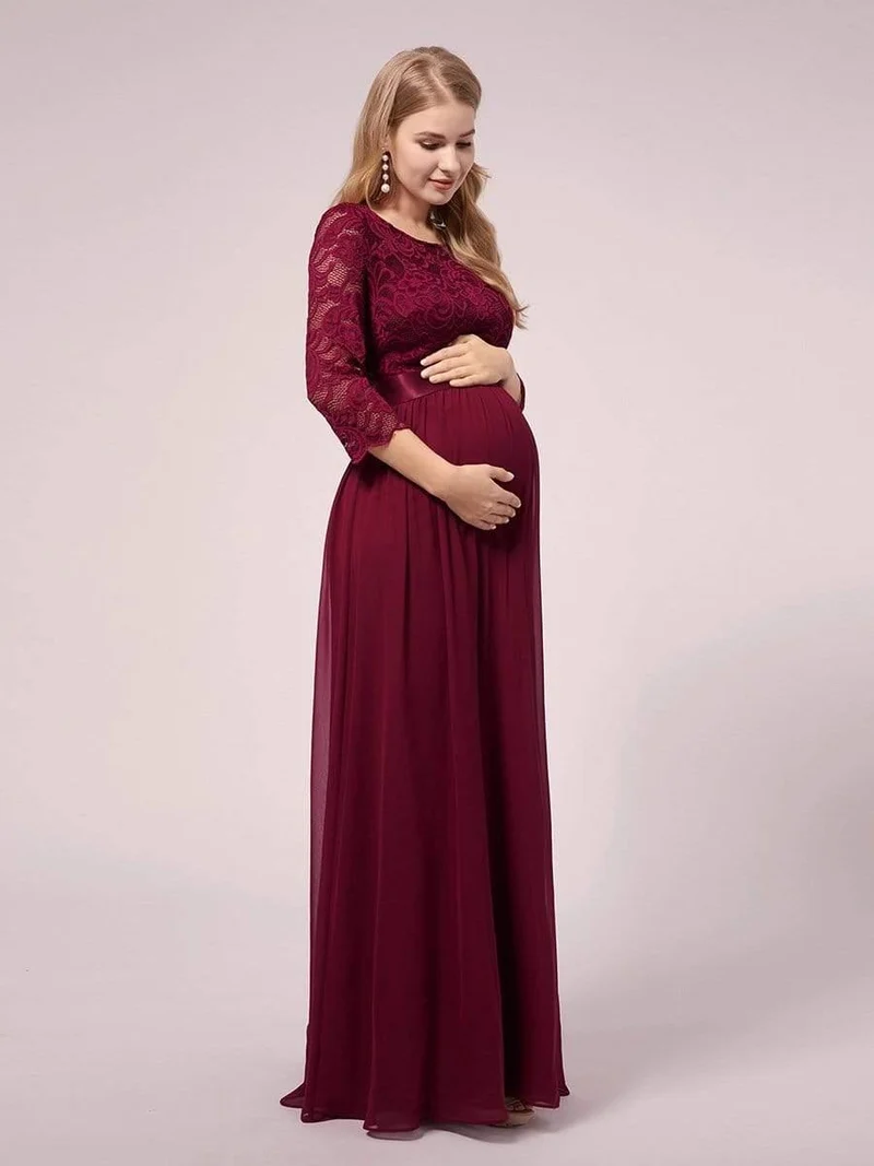 ever FAUN|Robe de soirée en mousseline de soie épissée de dentelle à manches 3/4