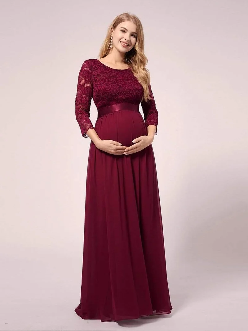 ever FAUN|Robe de soirée en mousseline de soie épissée de dentelle à manches 3/4