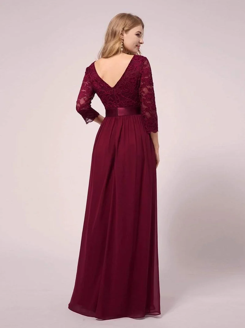 ever FAUN|Robe de soirée en mousseline de soie épissée de dentelle à manches 3/4
