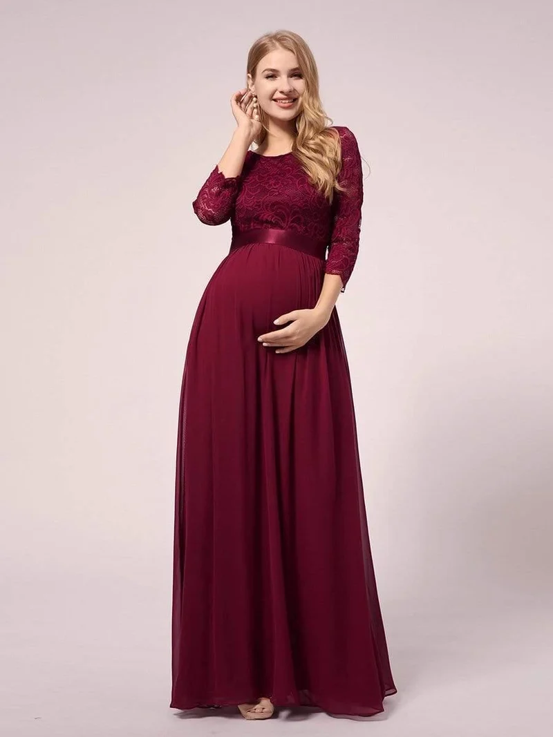 ever FAUN|Robe de soirée en mousseline de soie épissée de dentelle à manches 3/4