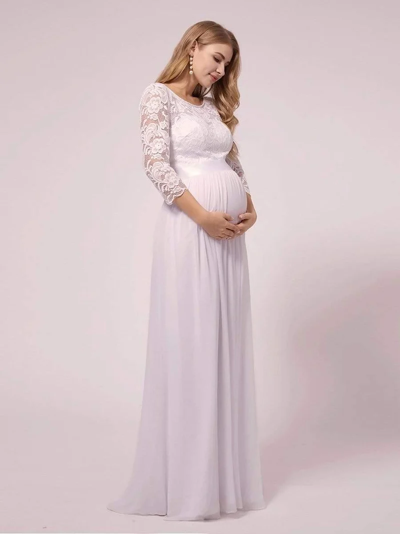 ever FAUN|Robe de soirée en mousseline de soie épissée de dentelle à manches 3/4