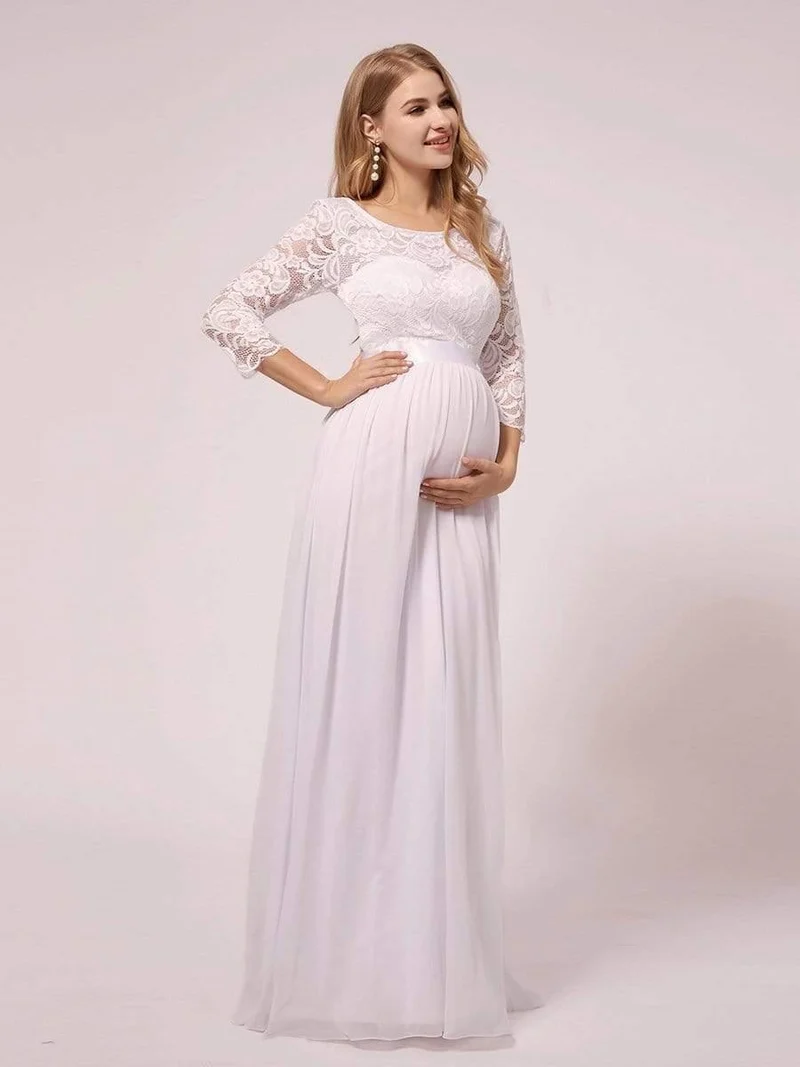 ever FAUN|Robe de soirée en mousseline de soie épissée de dentelle à manches 3/4