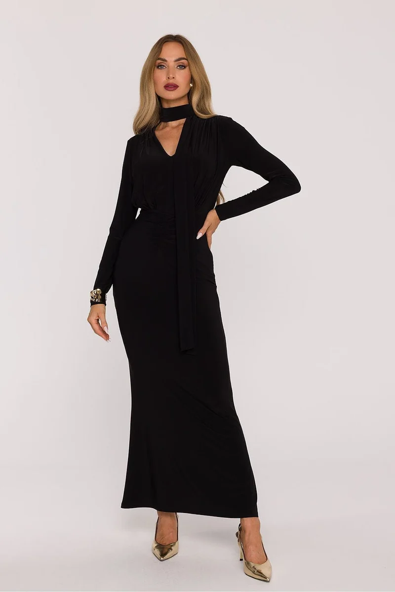 Robe de soirée longue chic noire manches longues