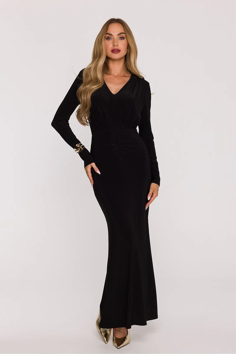 Robe de soirée longue chic noire manches longues