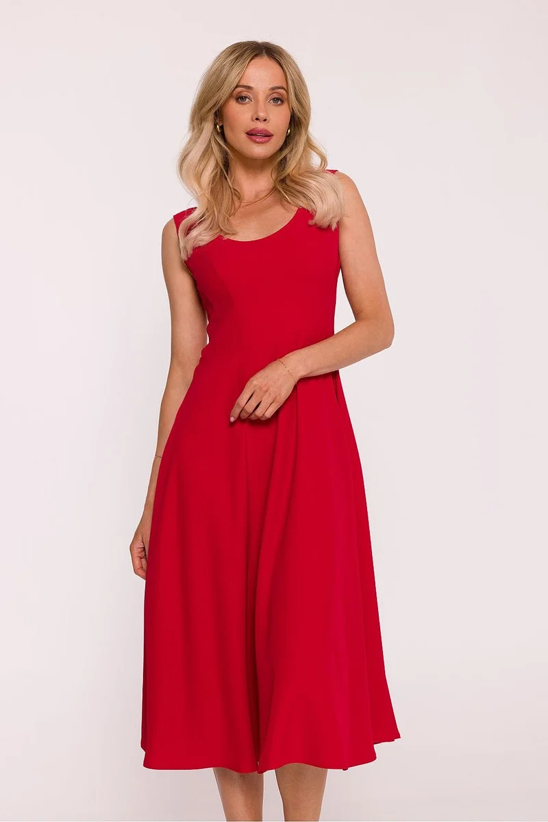Robe midi évasée rouge sans manches