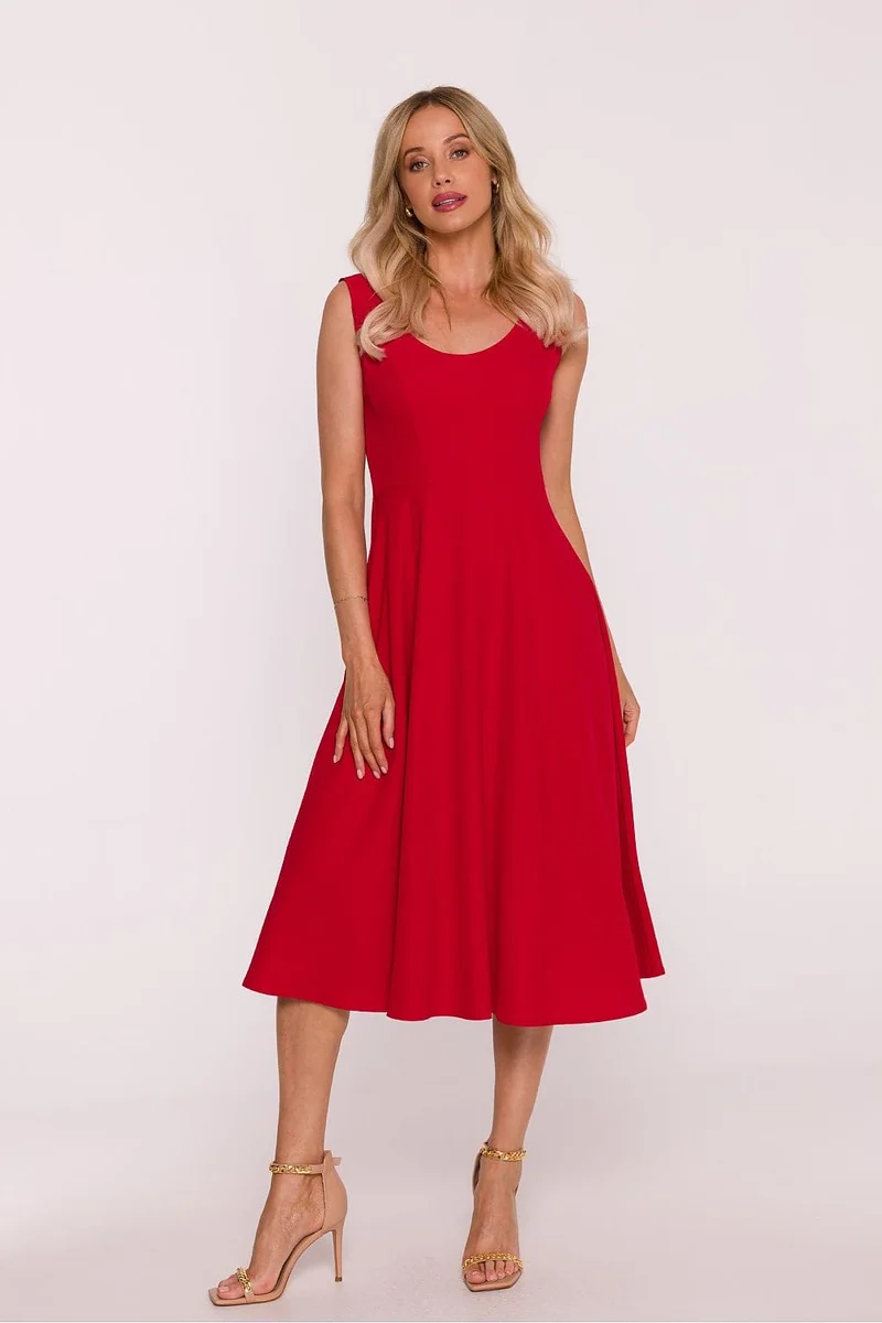 Robe midi évasée rouge sans manches