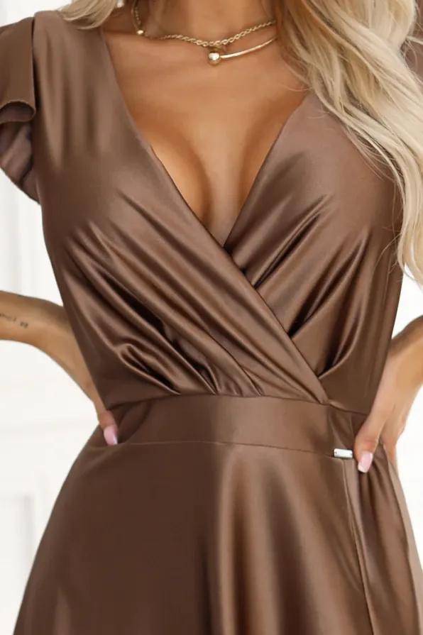 Robe de soirée maxi marron satinée