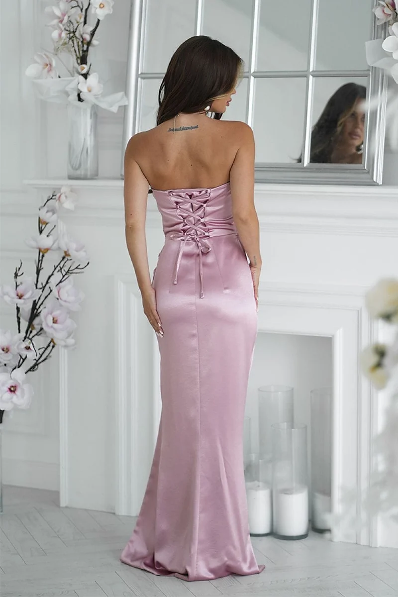 Robe de soirée longue fendue satin rose