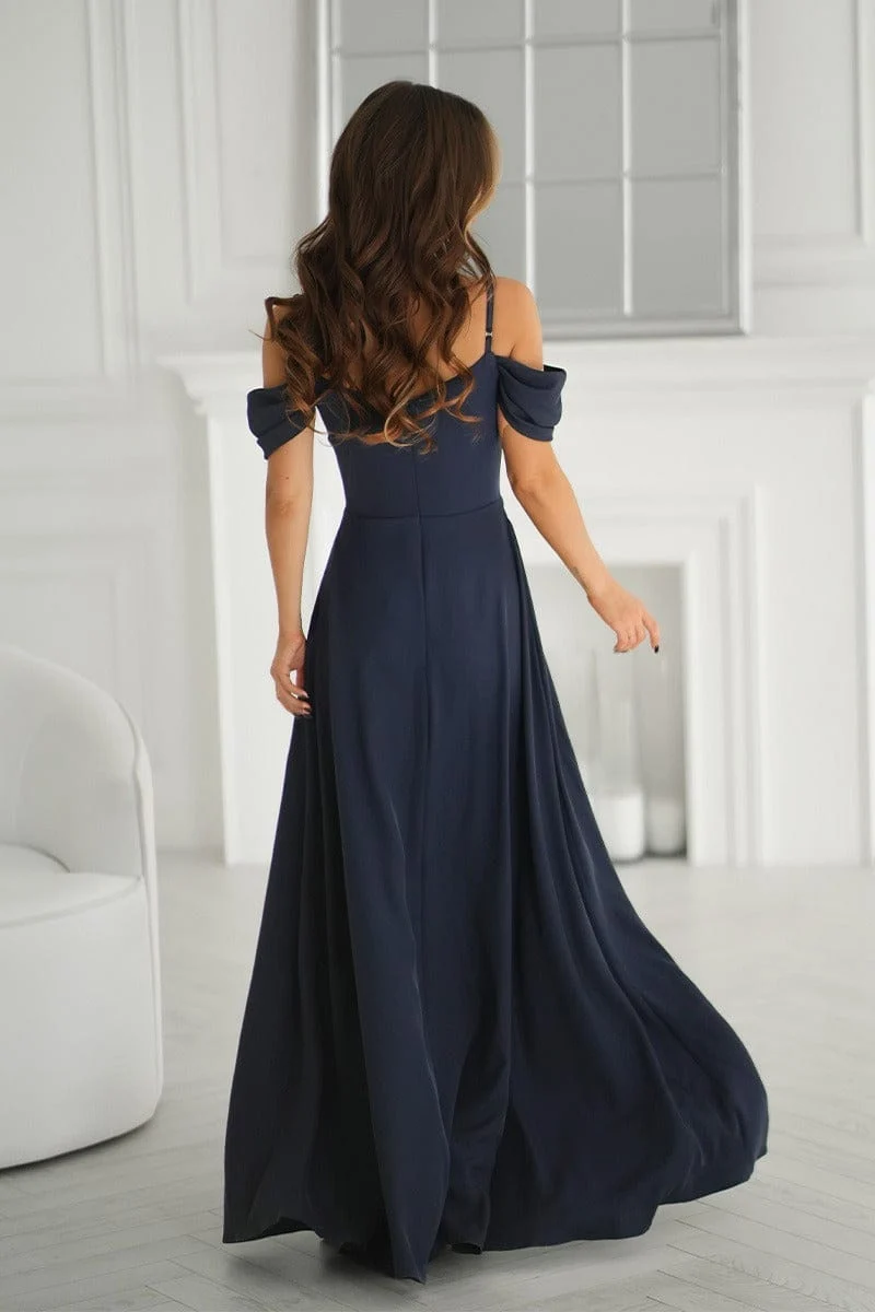 Robe de soirée bleue marine longue fendue