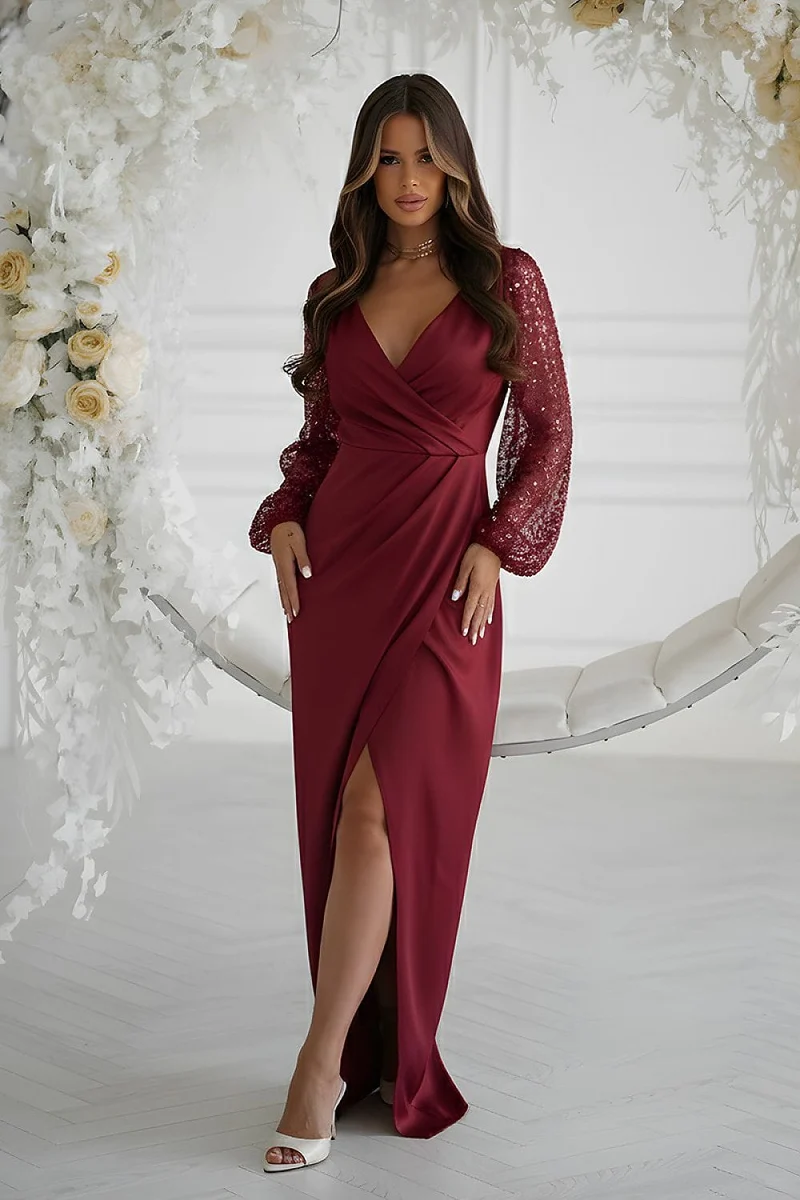 Robe de soirée mariage bordeaux longue manches à paillettes