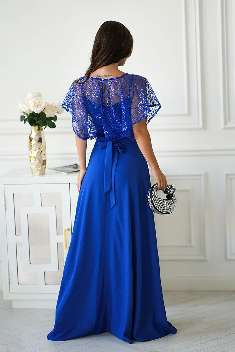 Robe de soirée longue bleue fendue haut pailleté