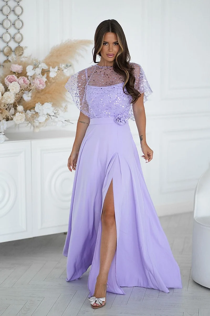Robe demoiselle d'honneur lilas longue avec boléro à sequins