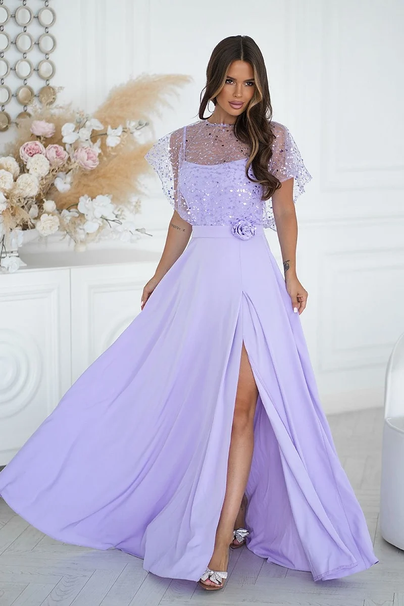 Robe demoiselle d'honneur lilas longue avec boléro à sequins