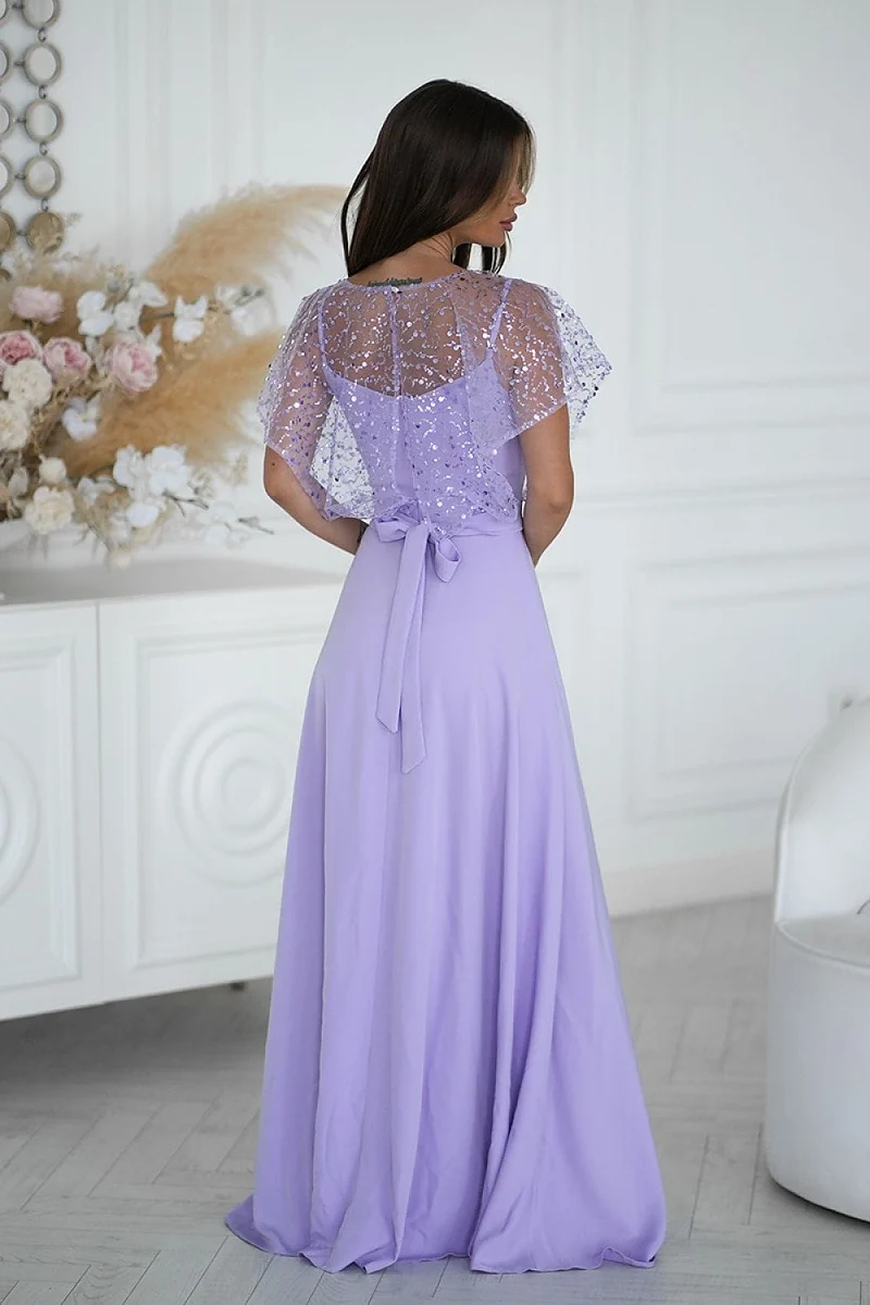 Robe demoiselle d'honneur lilas longue avec boléro à sequins