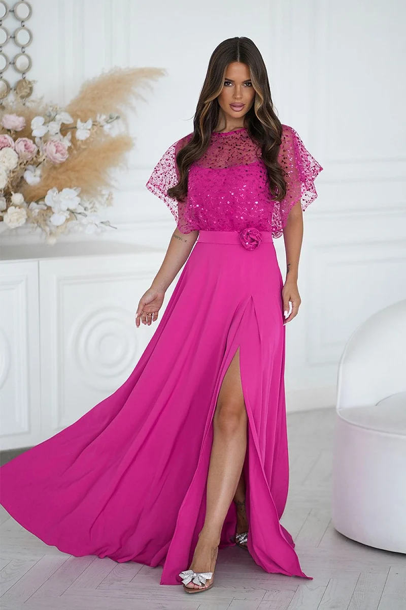 Robe de soirée rose fuchsia longue avec boléro à sequins