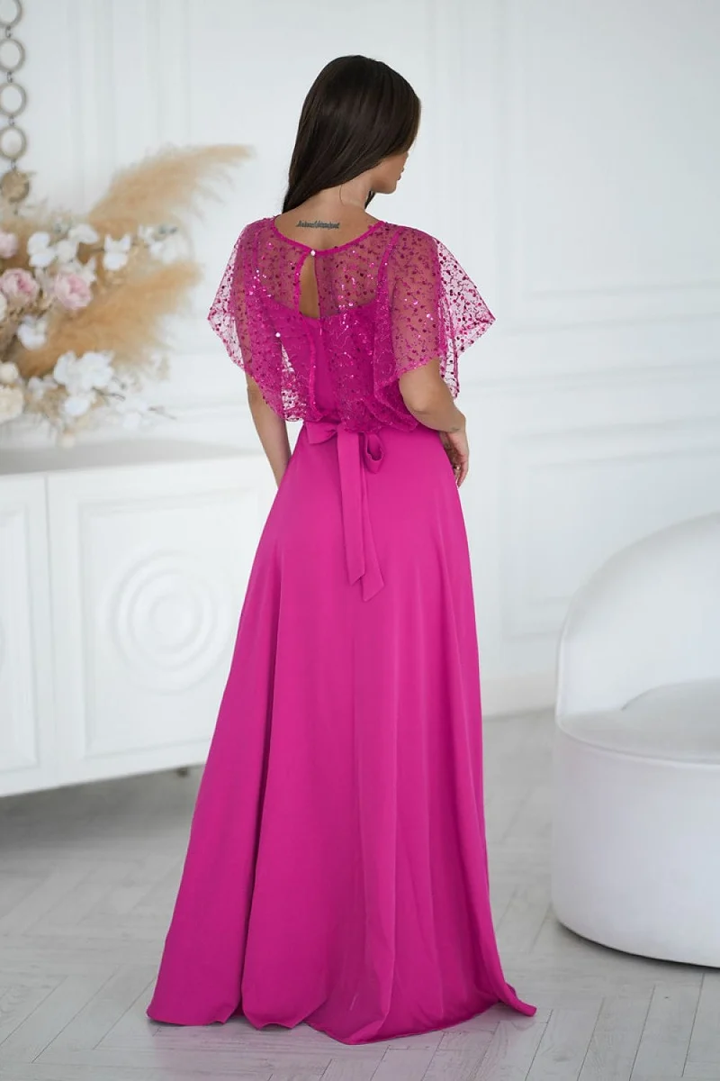 Robe de soirée rose fuchsia longue avec boléro à sequins