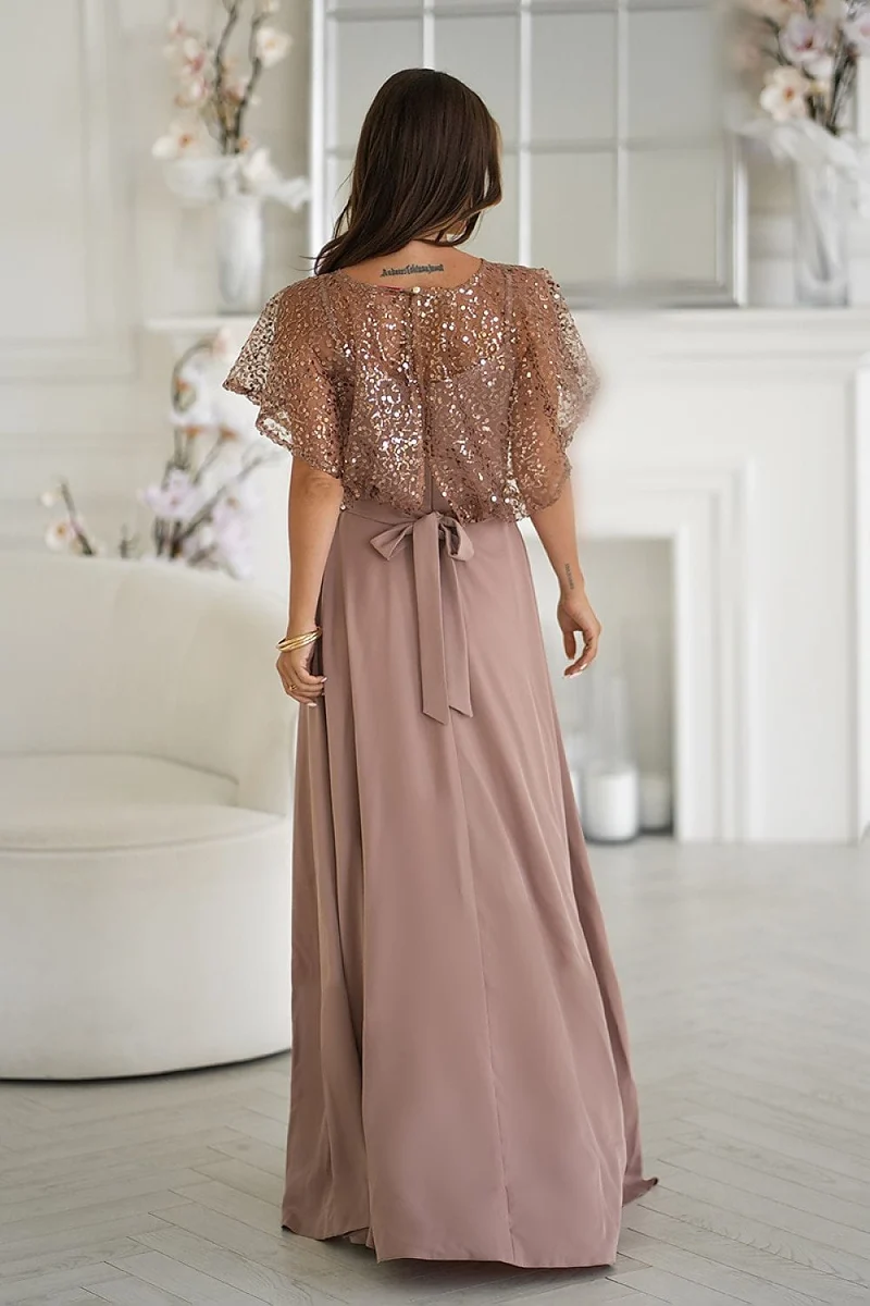 Robe de soirée longue beige fendue boléro pailleté