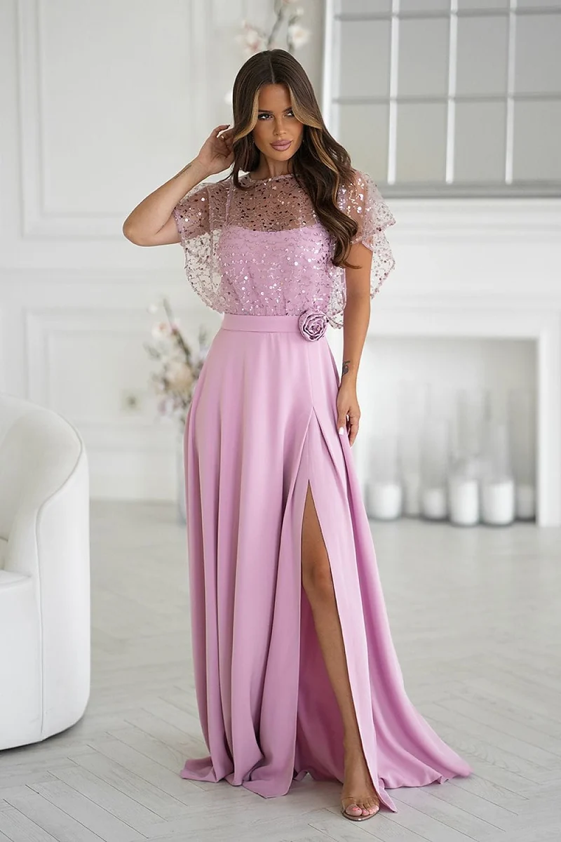 Robe de soirée rose longue fendue boléro pailleté