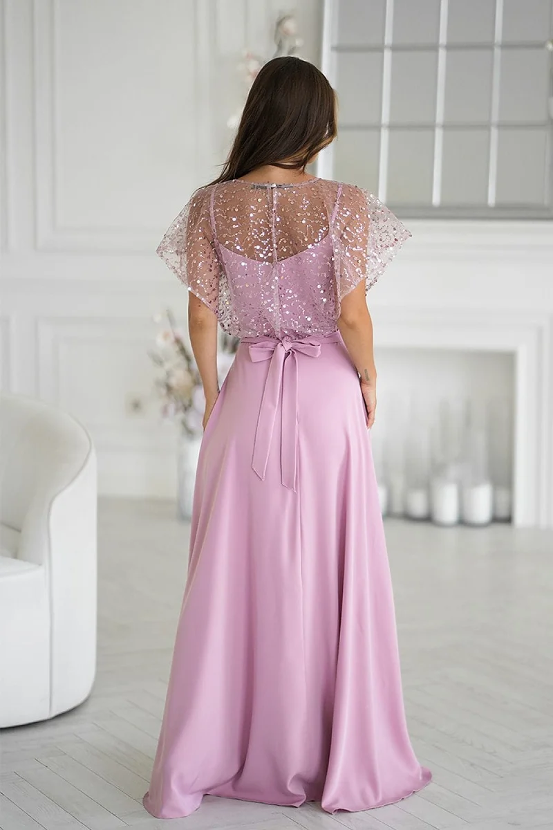 Robe de soirée rose longue fendue boléro pailleté