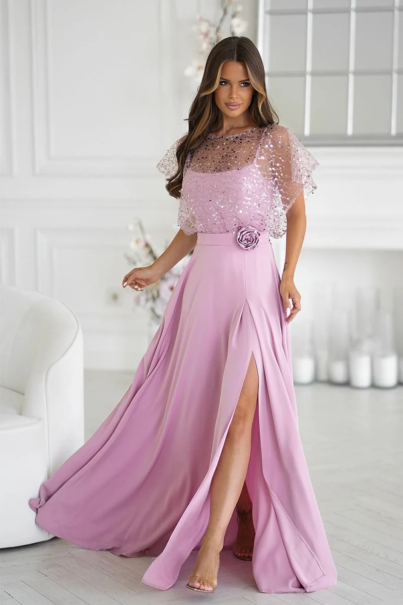 Robe de soirée rose longue fendue boléro pailleté