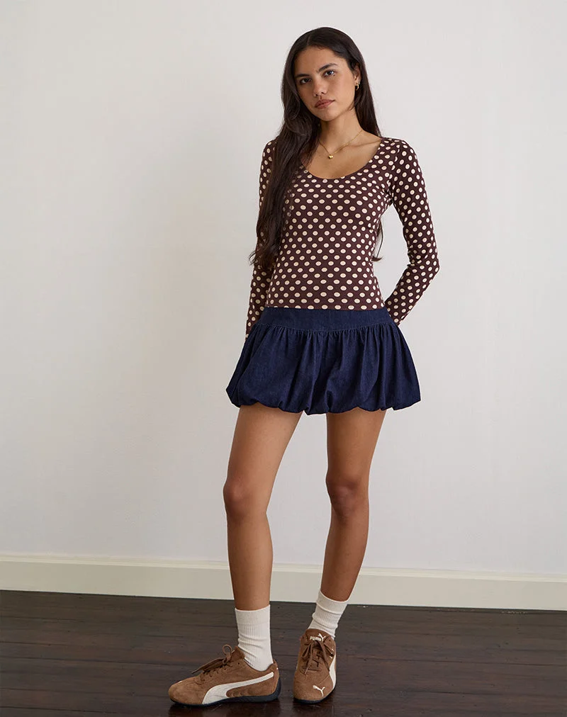Rumini Long Sleeve Top in Brown with Small Polka Cream (Top à manches longues en marron avec petite crème à pois)