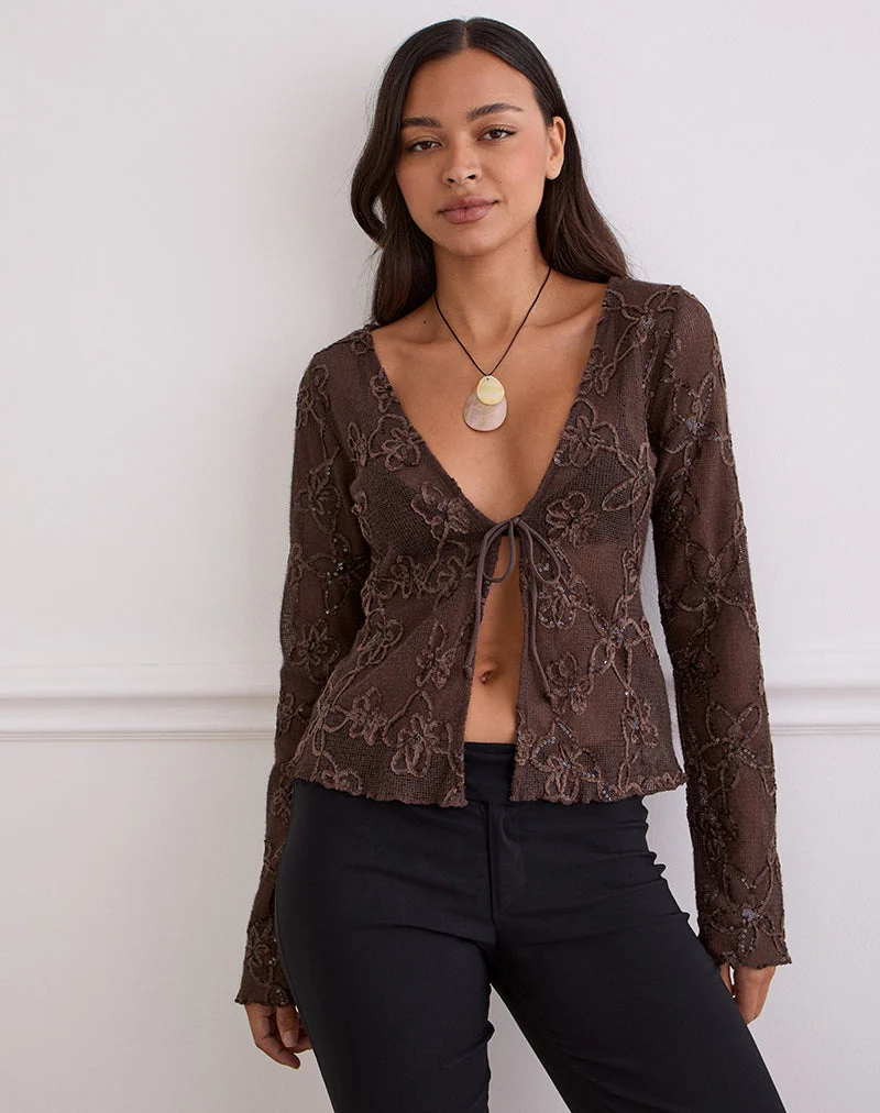 Cardigan Sukita en maille pailletée marron foncé