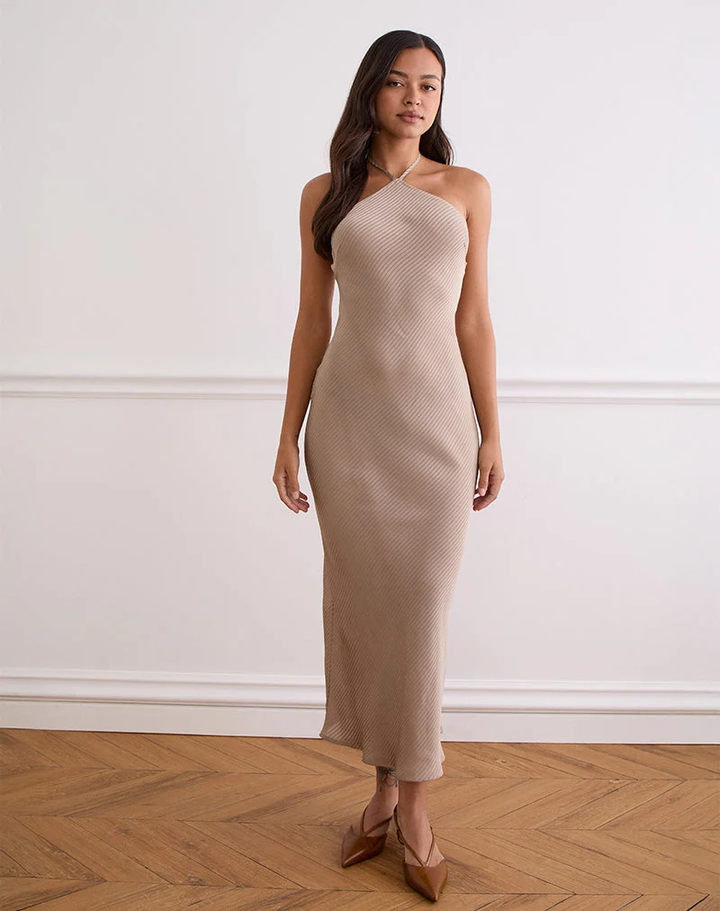 Belara Maxi Dress in Satin Stripe Taupe (Robe longue en satin rayé)