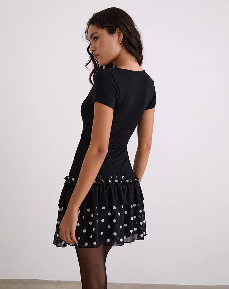 Navya Wrap Mini Dress in Polka Black and White