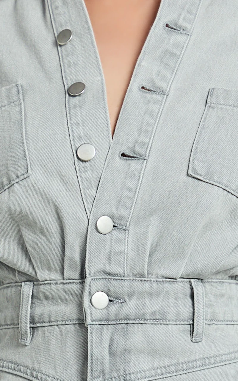 Kamala Mini Dress - Long Sleeve Button Through Denim Dress in Grey