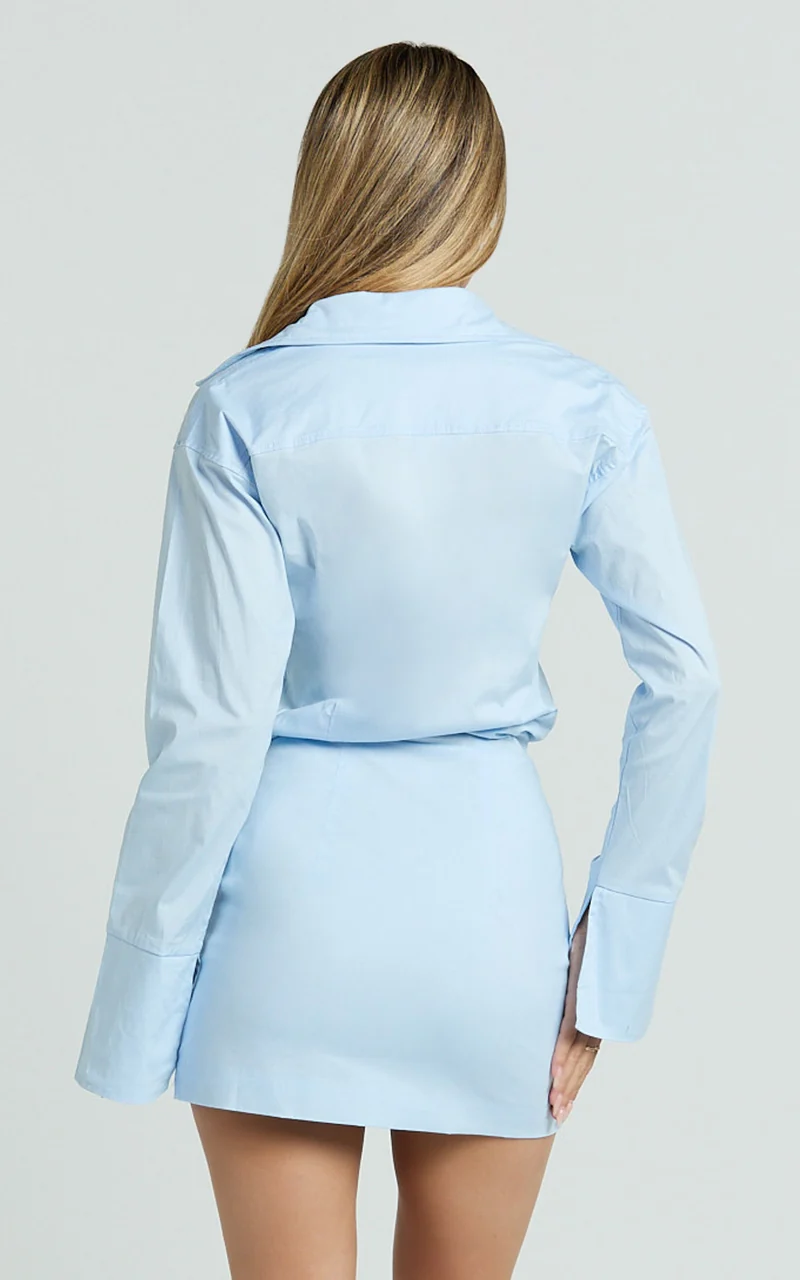 Gretel Mini Dress - Collared Button Front Relaxed Shirt Fitted Skirt Dress in Pale Blue