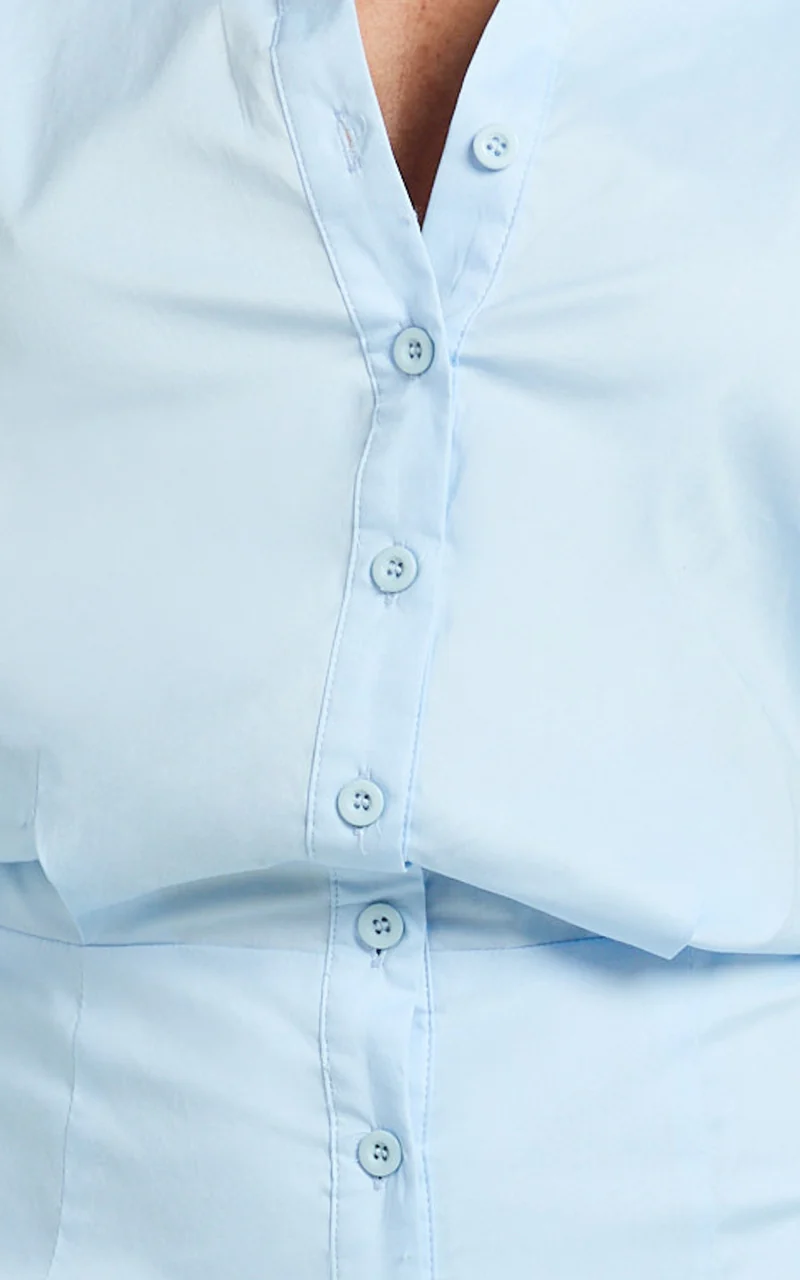 Gretel Mini Dress - Collared Button Front Relaxed Shirt Fitted Skirt Dress in Pale Blue