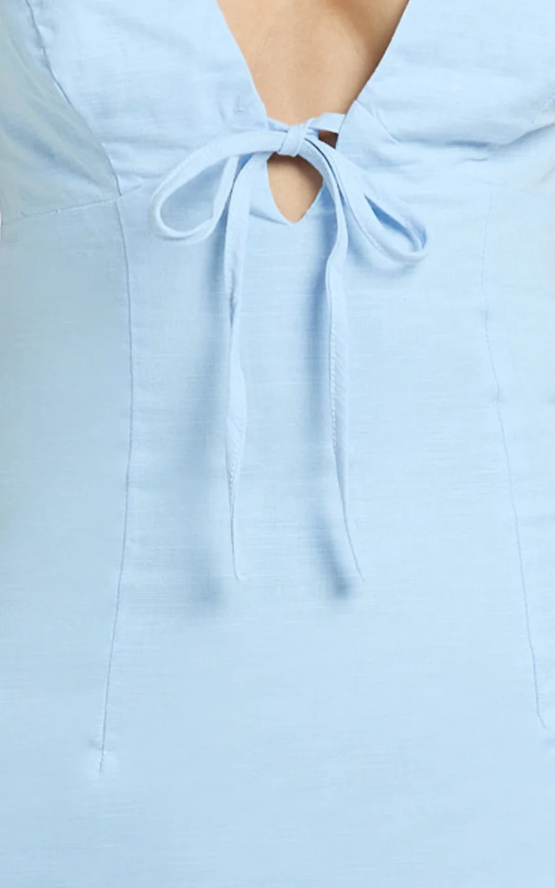 Lyla Midi Dress - Tie Front Plunge Halter Linen Blend Dress in Blue