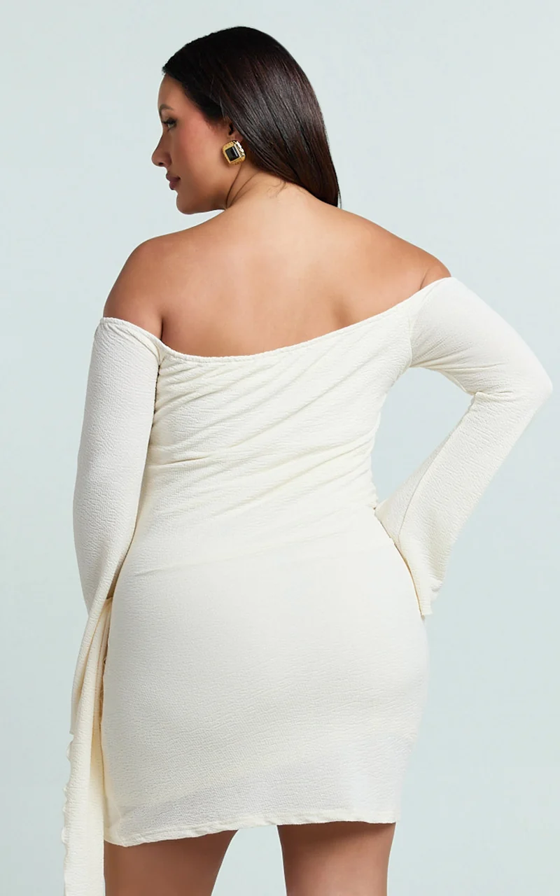 Noah Mini Dress - Off Shoulder Draped Skirt Jersey Dress in Cream