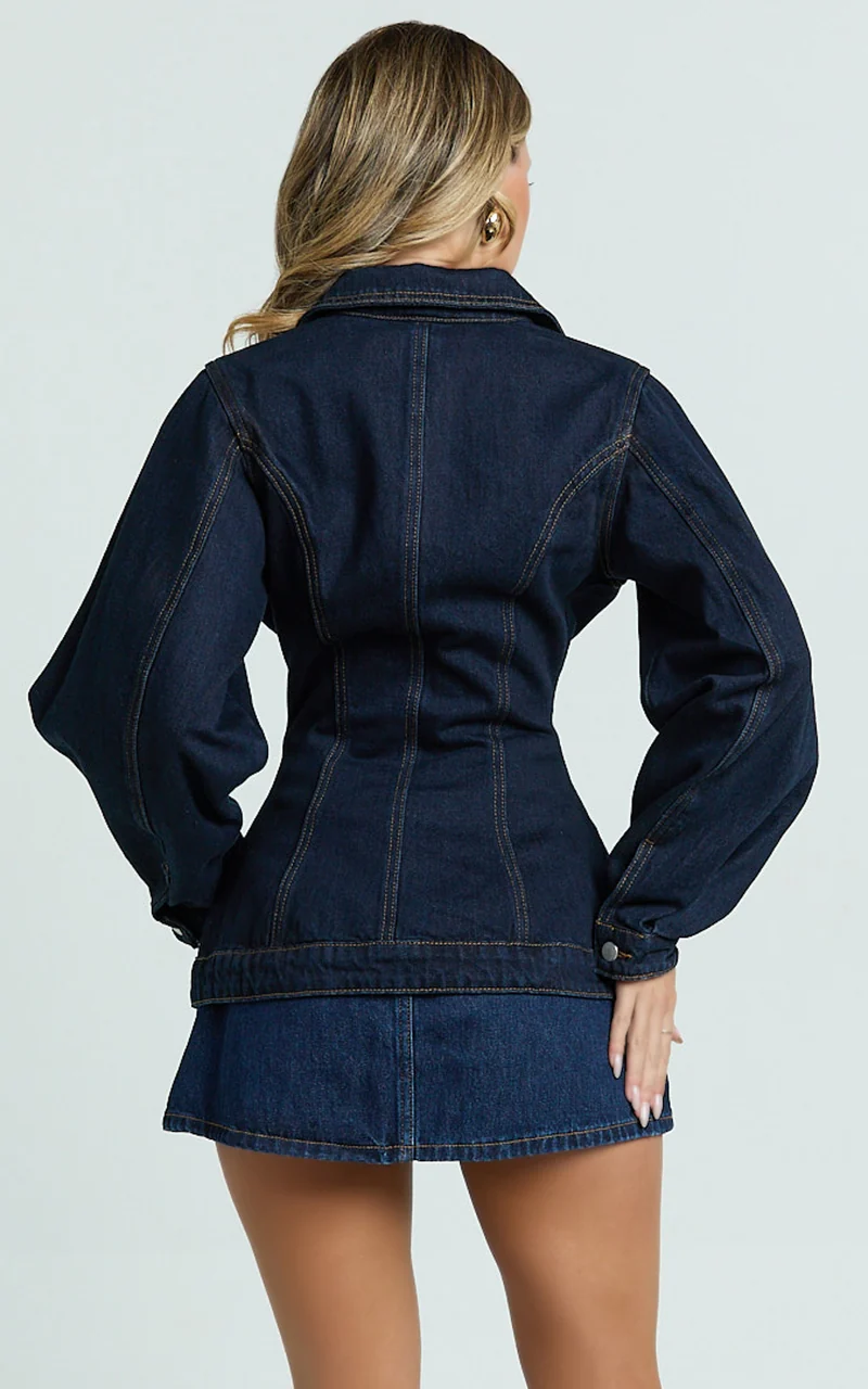Tianna Jacket - Long Sleeve Contoured Recycled Denim Jacket in Indigo Wash