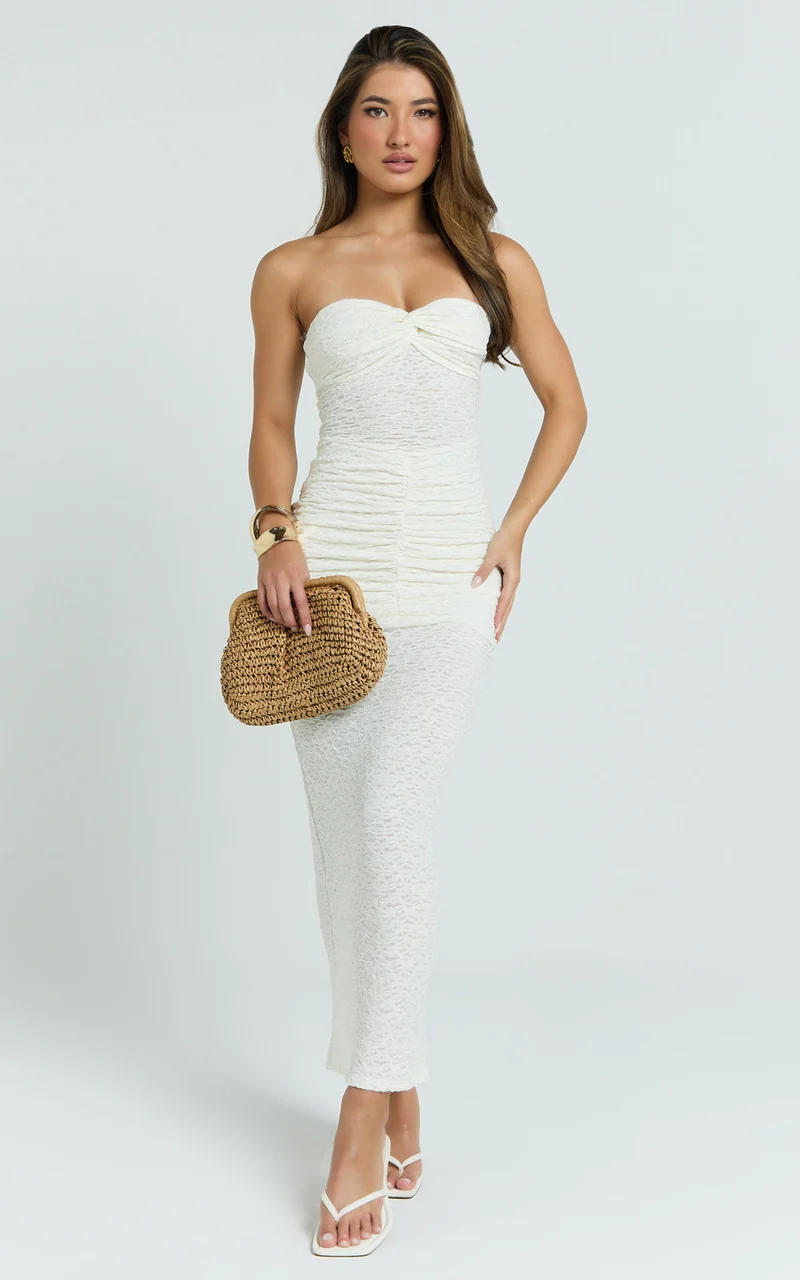 Francine Midi Dress - Strapless Twist Sheer Textured Jersey Dress in Cream
