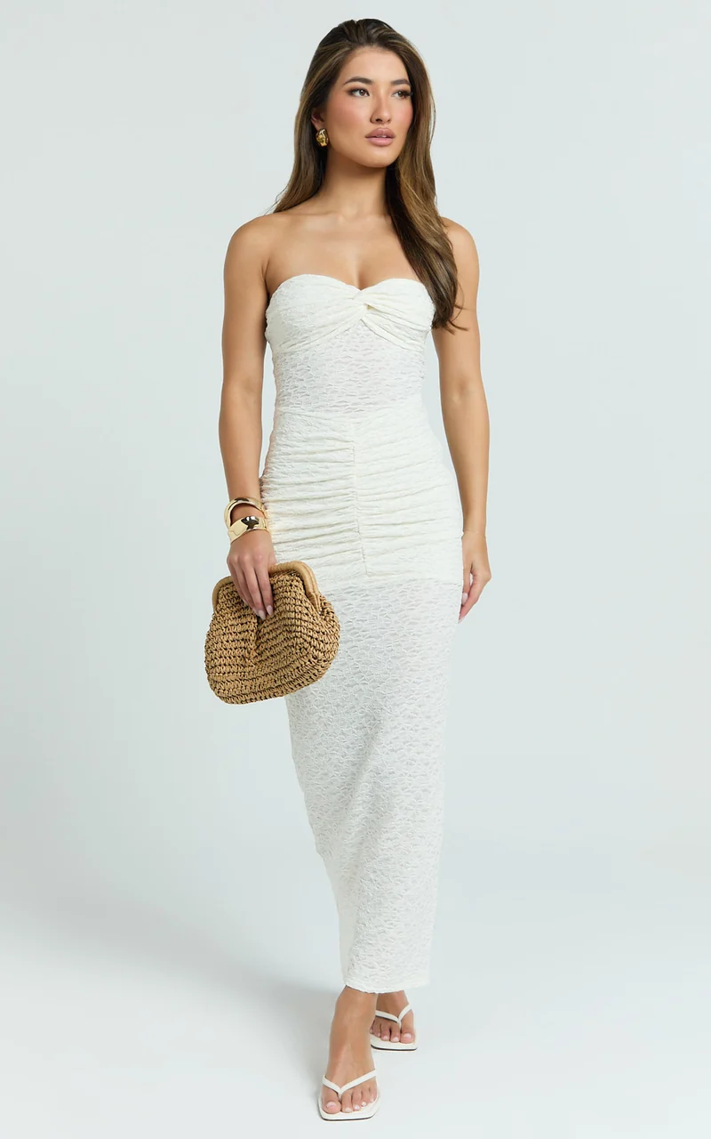 Francine Midi Dress - Strapless Twist Sheer Textured Jersey Dress in Cream
