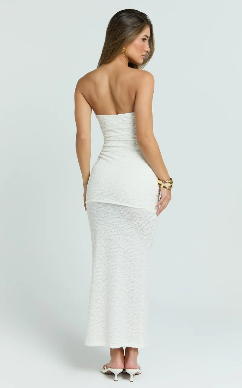 Francine Midi Dress - Strapless Twist Sheer Textured Jersey Dress in Cream