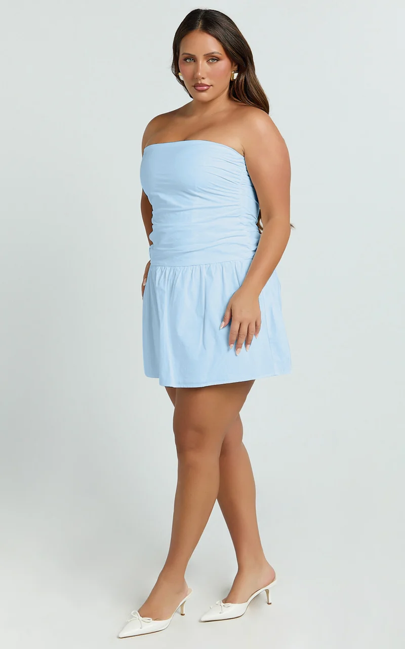 Donatella Mini Dress - Strapless Drop Waist Dress in Blue