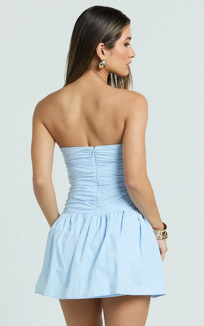 Donatella Mini Dress - Strapless Drop Waist Dress in Blue