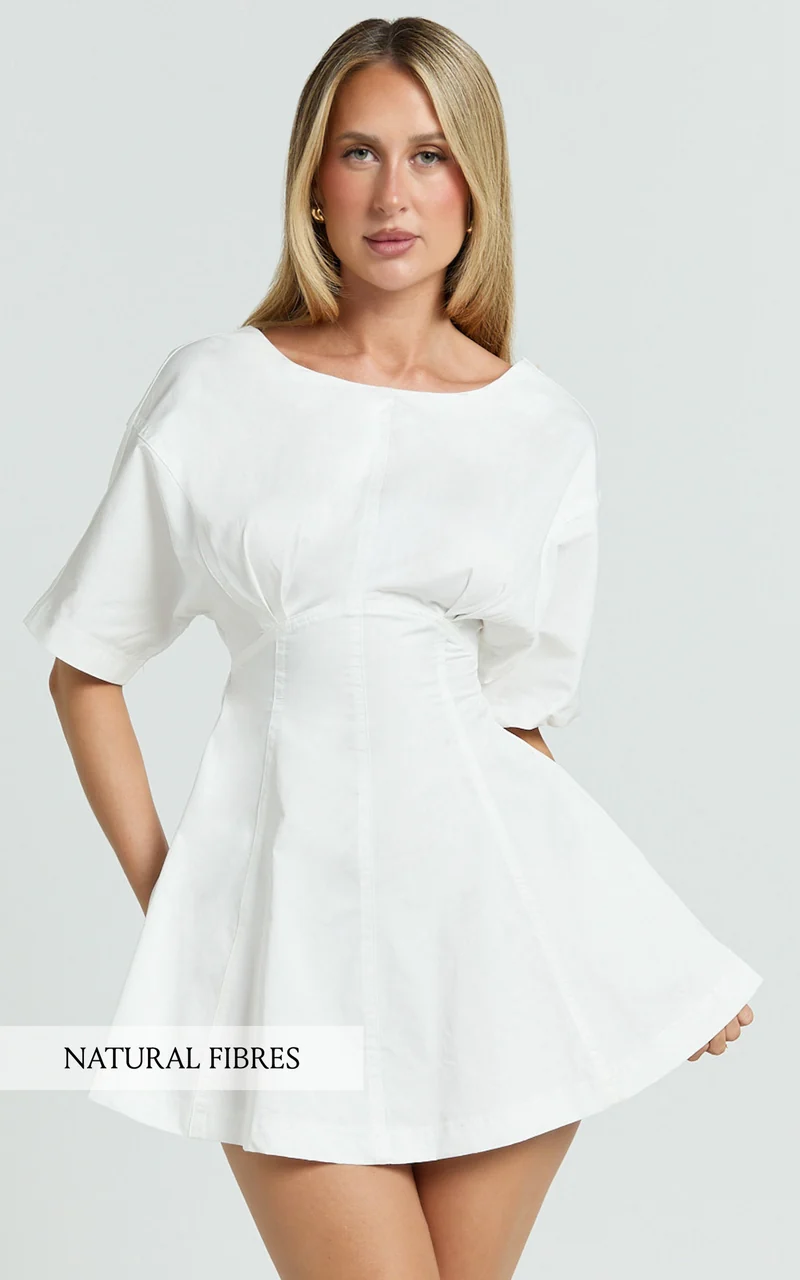 Dylan Mini Dress - High Boatneck Sleeved Fit And Flare Skirt Dress in White