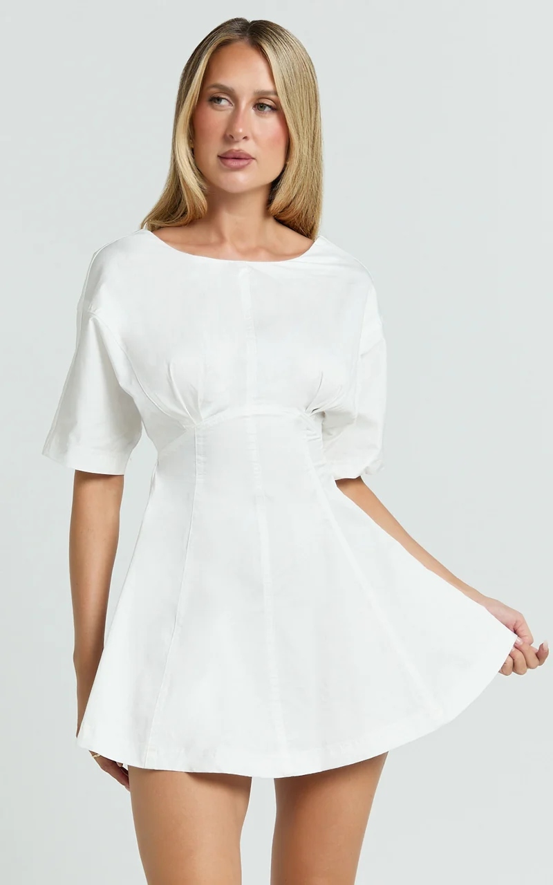 Dylan Mini Dress - High Boatneck Sleeved Fit And Flare Skirt Dress in White