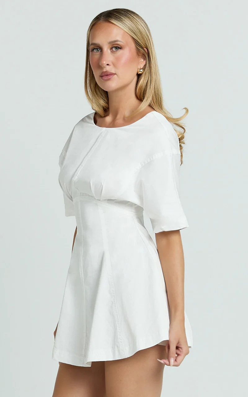 Dylan Mini Dress - High Boatneck Sleeved Fit And Flare Skirt Dress in White