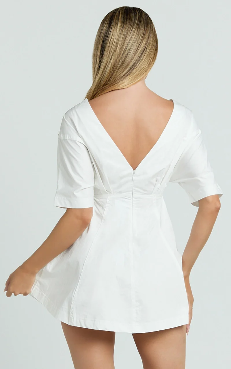 Dylan Mini Dress - High Boatneck Sleeved Fit And Flare Skirt Dress in White