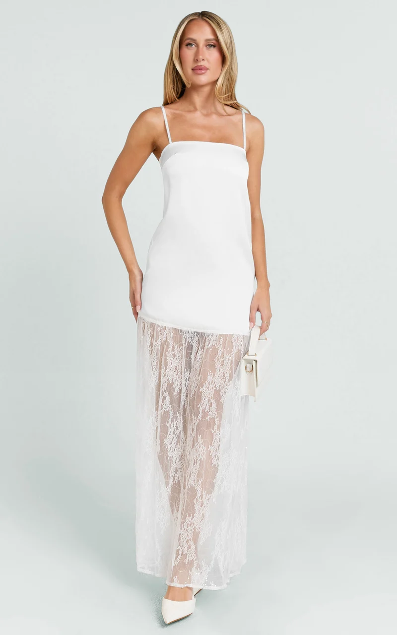 Loren Maxi Dress - Square Neck Contrast Skirt Dress in White