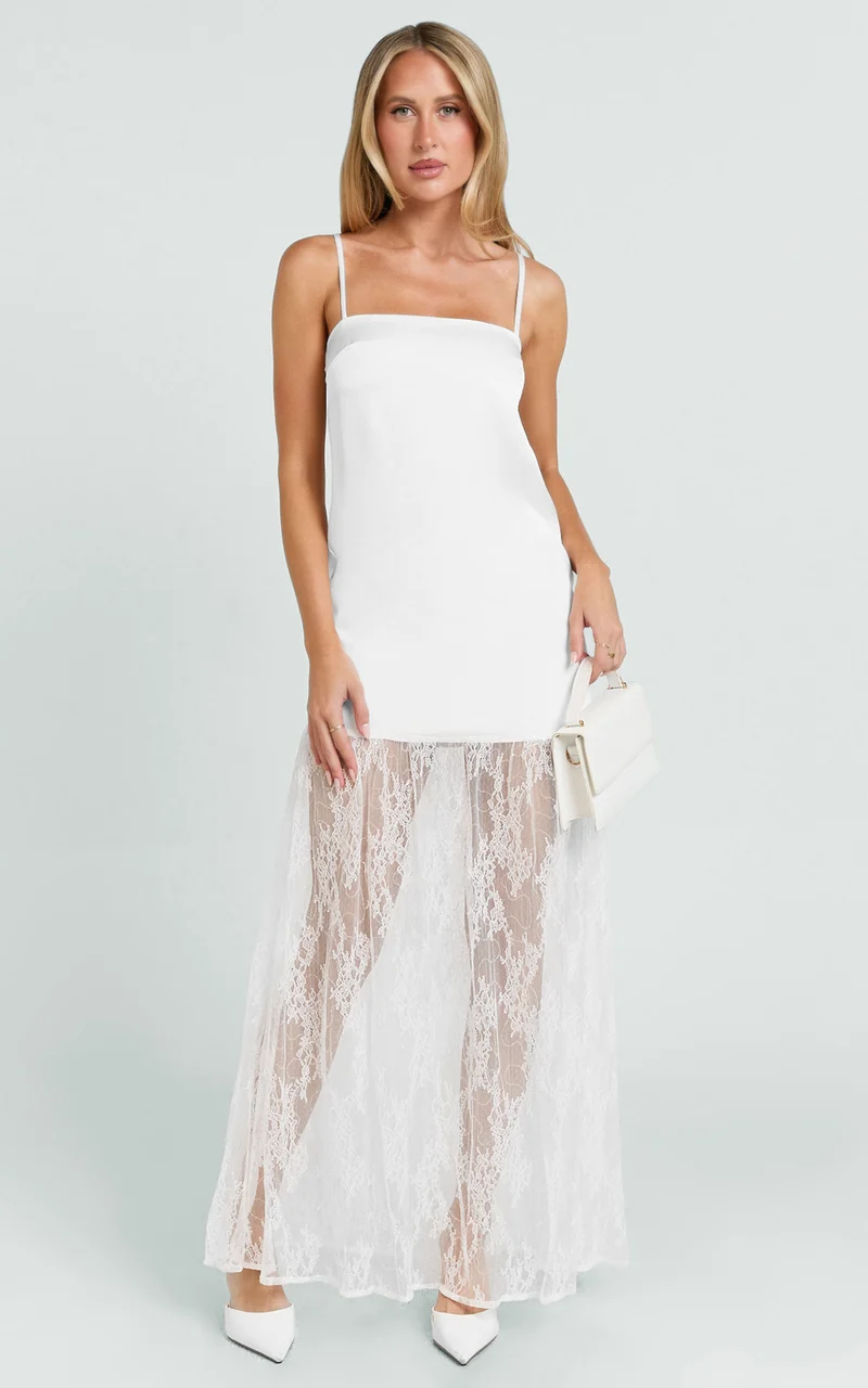 Loren Maxi Dress - Square Neck Contrast Skirt Dress in White