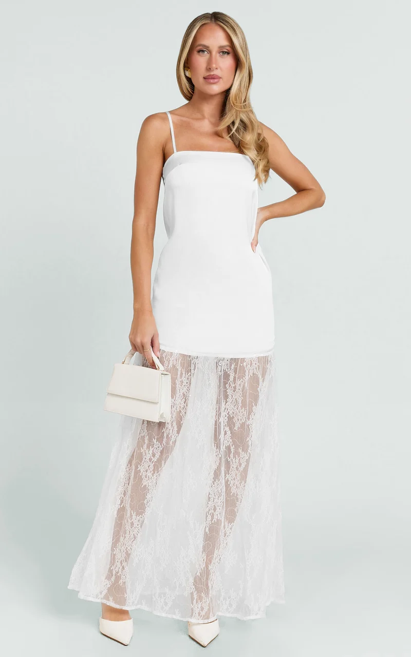 Loren Maxi Dress - Square Neck Contrast Skirt Dress in White