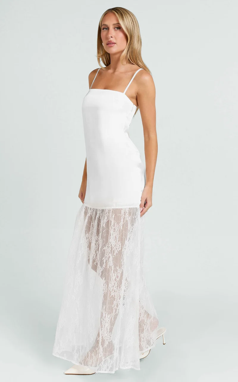 Loren Maxi Dress - Square Neck Contrast Skirt Dress in White