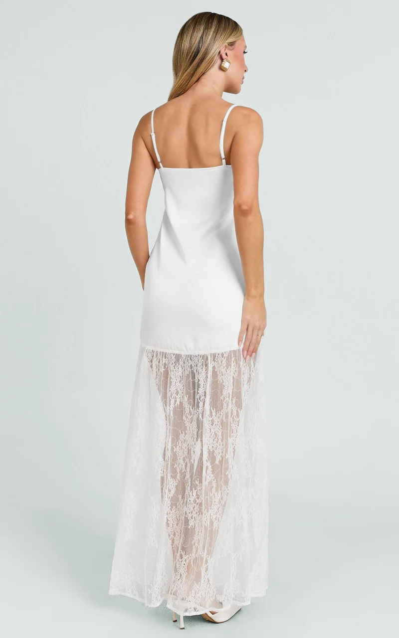 Loren Maxi Dress - Square Neck Contrast Skirt Dress in White