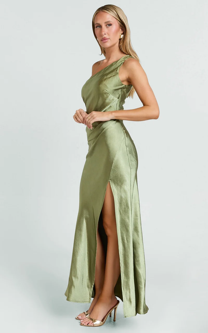 Isla Maxi Dress - Satin One Shoulder Side Split Dress in Olive
