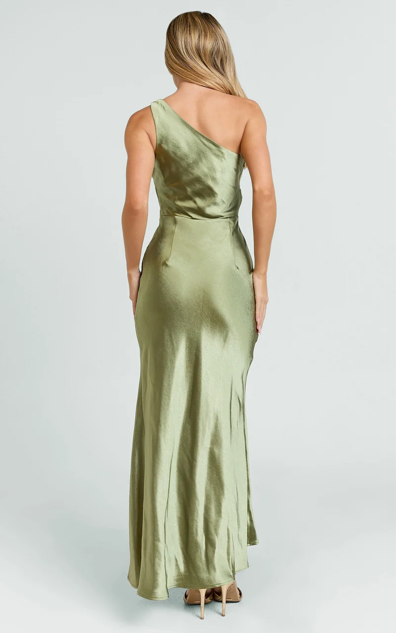 Isla Maxi Dress - Satin One Shoulder Side Split Dress in Olive
